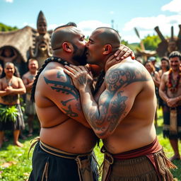 A dynamic and powerful scene featuring muscular Maori men expressing affection through a kiss, set against a backdrop of a traditional Maori gathering