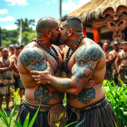 A dynamic and powerful scene featuring muscular Maori men expressing affection through a kiss, set against a backdrop of a traditional Maori gathering