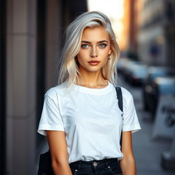 A beautiful 18-year-old woman with white blonde hair and striking blue eyes, complemented by a few delicate freckles on her face