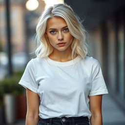A beautiful 18-year-old woman with white blonde hair and striking blue eyes, complemented by a few delicate freckles on her face