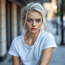 A beautiful 18-year-old woman with white blonde hair and striking blue eyes, complemented by a few delicate freckles on her face