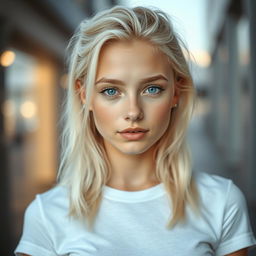 A beautiful 18-year-old woman with white blonde hair and striking blue eyes, complemented by a few delicate freckles on her face