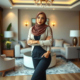 A stunning Malay woman standing gracefully in a living room