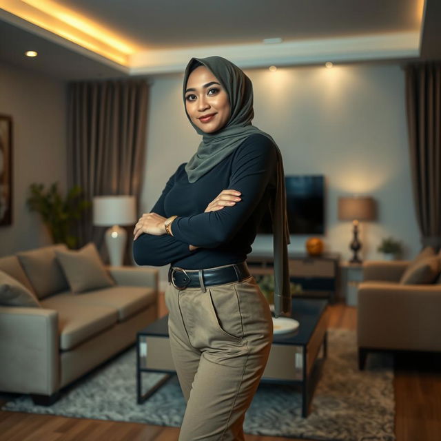 A stunning Malay woman standing gracefully in a living room