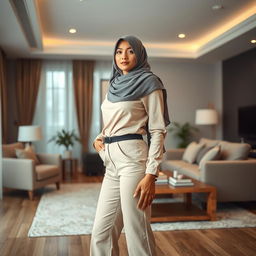 A stunning Malay woman standing gracefully in a living room