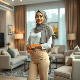 A stunning Malay woman standing gracefully in a living room