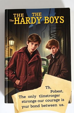 A captivating book cover for 'The Hardy Boys', featuring two young male detectives with keen expressions, engaged in solving a mystery