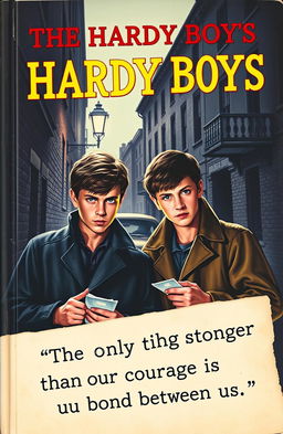 A captivating book cover for 'The Hardy Boys', featuring two young male detectives with keen expressions, engaged in solving a mystery