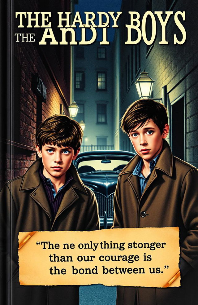 A captivating book cover for 'The Hardy Boys', featuring two young male detectives with keen expressions, engaged in solving a mystery