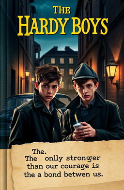A captivating book cover for 'The Hardy Boys', featuring two young male detectives with keen expressions, engaged in solving a mystery