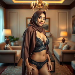 A graceful Malay woman standing in a beautifully decorated living room