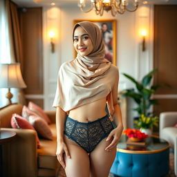 A graceful Malay woman standing in a beautifully decorated living room