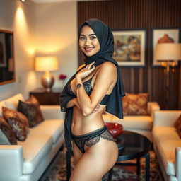 A graceful Malay woman standing in a beautifully decorated living room