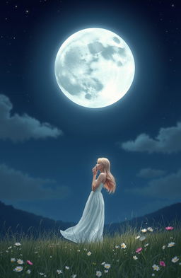 A serene night scene featuring a beautifully detailed full moon glowing in a starry sky