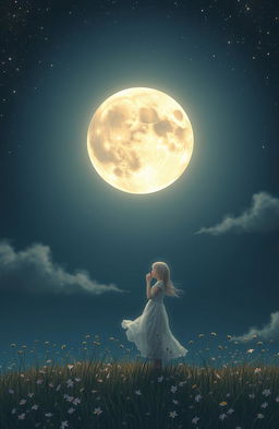A serene night scene featuring a beautifully detailed full moon glowing in a starry sky