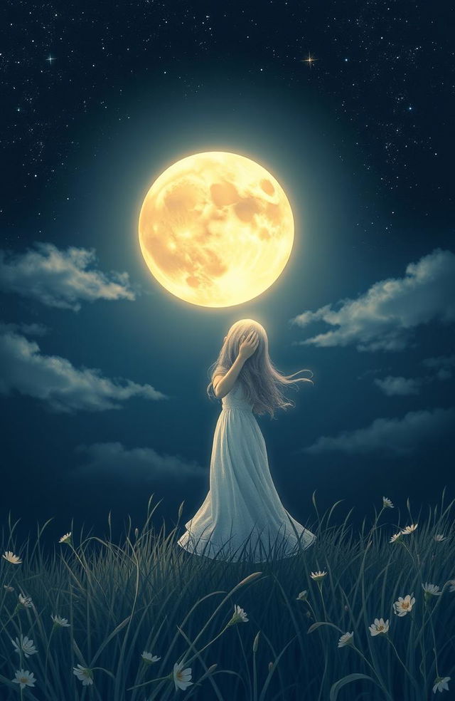 A serene night scene featuring a beautifully detailed full moon glowing in a starry sky