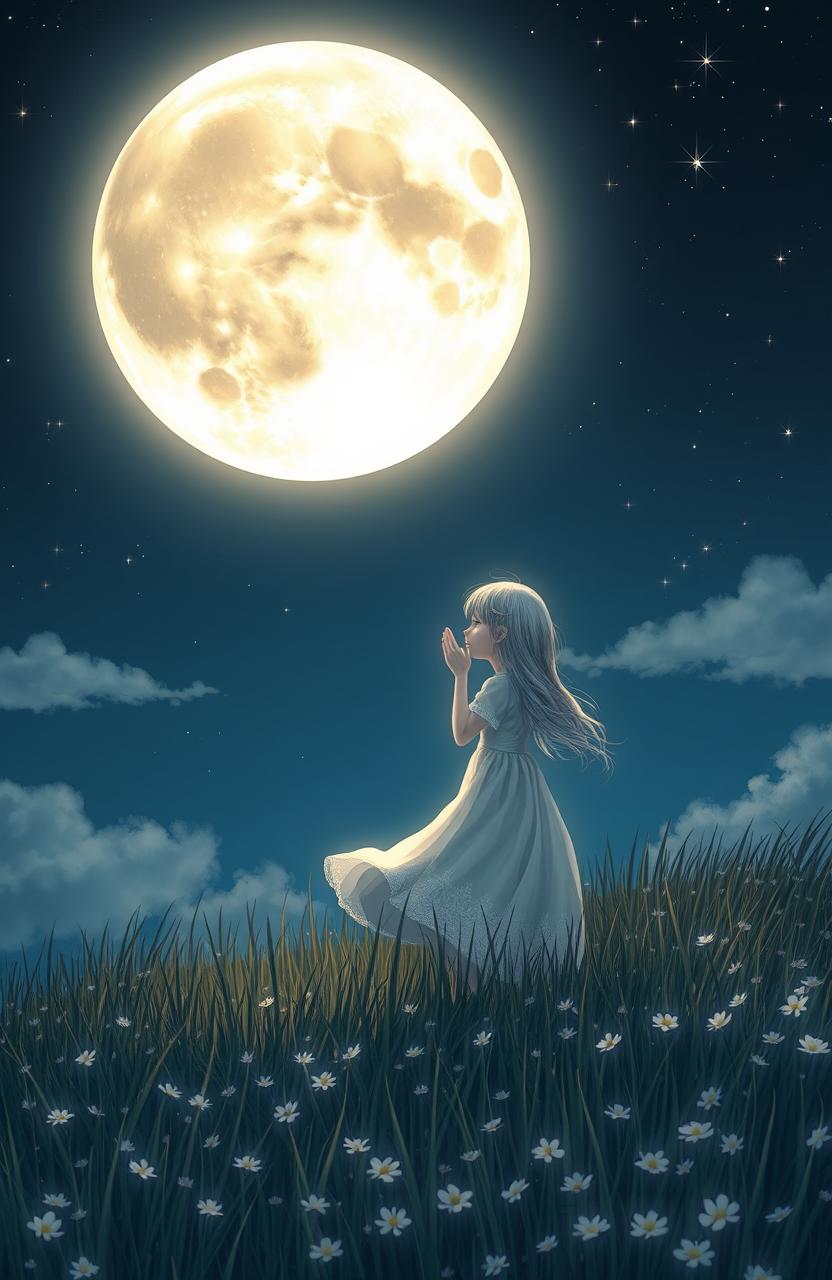 A serene night scene featuring a beautifully detailed full moon glowing in a starry sky