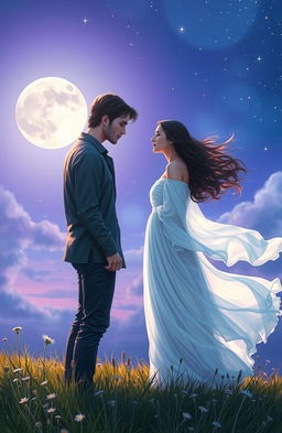 A romantic scene depicting two past life lovers reuniting in a serene, ethereal setting