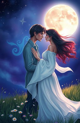 A romantic scene depicting two past life lovers reuniting in a serene, ethereal setting