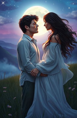 A romantic scene depicting two past life lovers reuniting in a serene, ethereal setting