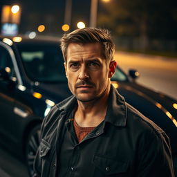 A 44-year-old European man with stubble, looking pensive and contemplative, standing in front of a sleek black Jaguar XF at night