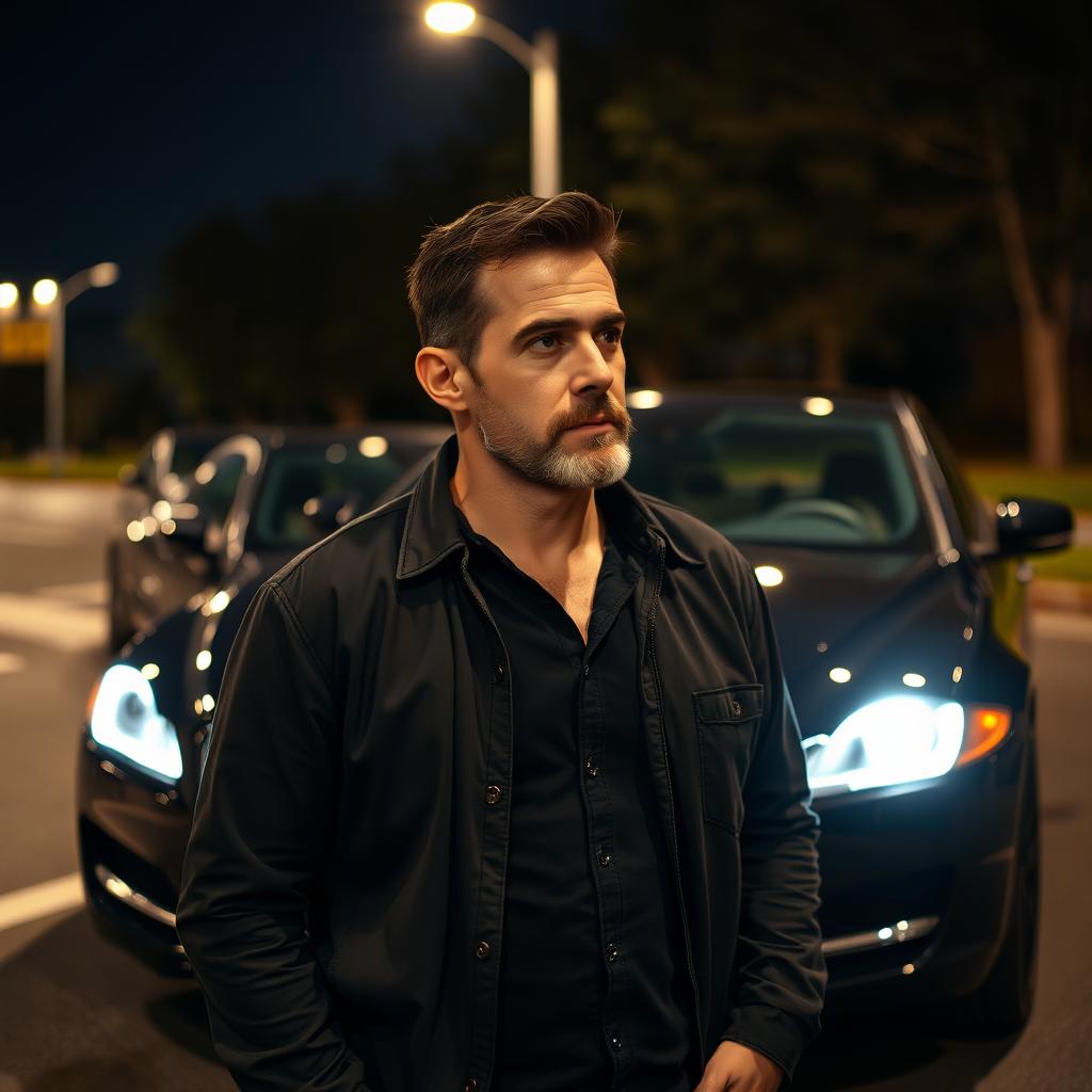 A 44-year-old European man with stubble, looking pensive and contemplative, standing in front of a sleek black Jaguar XF at night