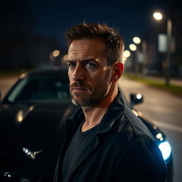 A 44-year-old European man with stubble, looking pensive and contemplative, standing in front of a sleek black Jaguar XF at night
