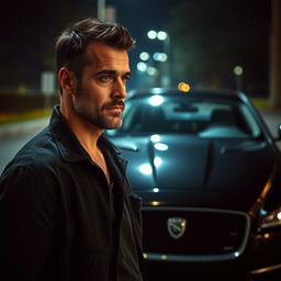 A 44-year-old European man with stubble, looking pensive and contemplative, standing in front of a sleek black Jaguar XF at night
