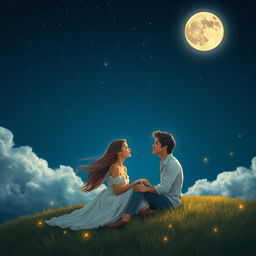 A romantic scene depicting a couple sitting under a starlit sky, whispering secrets to the moon