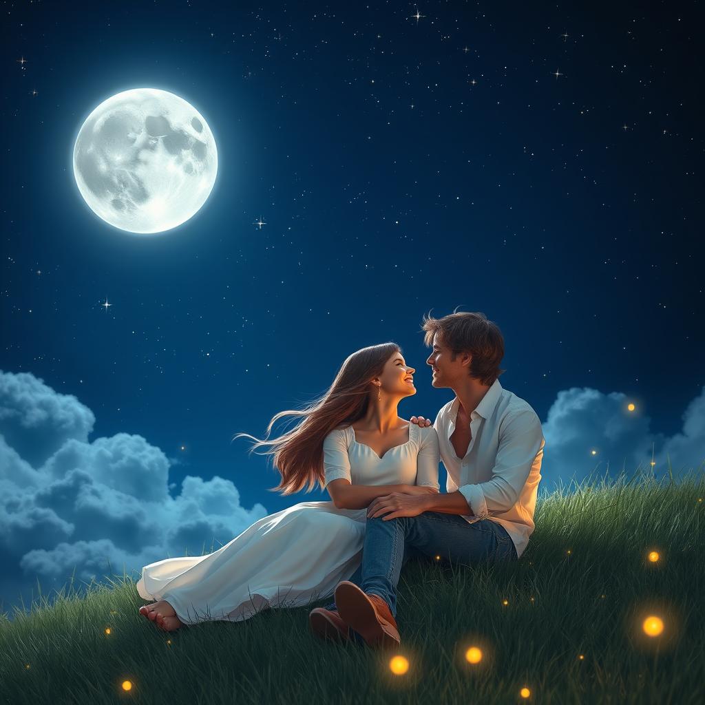 A romantic scene depicting a couple sitting under a starlit sky, whispering secrets to the moon