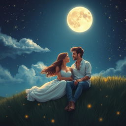 A romantic scene depicting a couple sitting under a starlit sky, whispering secrets to the moon