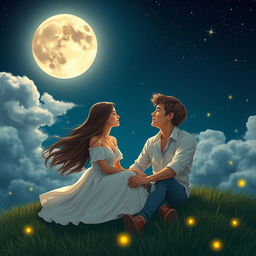 A romantic scene depicting a couple sitting under a starlit sky, whispering secrets to the moon