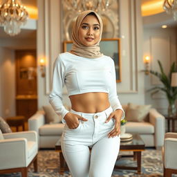 A beautiful Malay woman standing gracefully in a luxurious living room