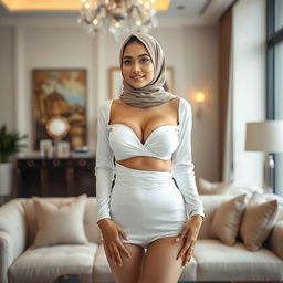 A beautiful Malay woman standing gracefully in a luxurious living room