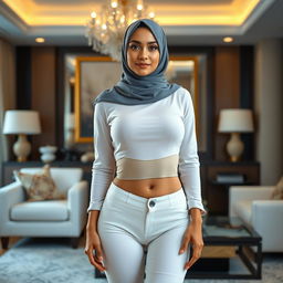 A beautiful Malay woman standing gracefully in a luxurious living room