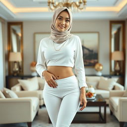 A beautiful Malay woman standing gracefully in a luxurious living room