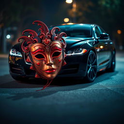 A striking artistic interpretation of 'The Mask of Love' positioned elegantly in front of a sleek black Jaguar XF