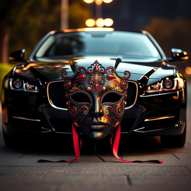 A striking artistic interpretation of 'The Mask of Love' positioned elegantly in front of a sleek black Jaguar XF