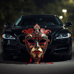 A striking artistic interpretation of 'The Mask of Love' positioned elegantly in front of a sleek black Jaguar XF