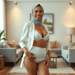 A stunning Malay woman standing elegantly in a living room
