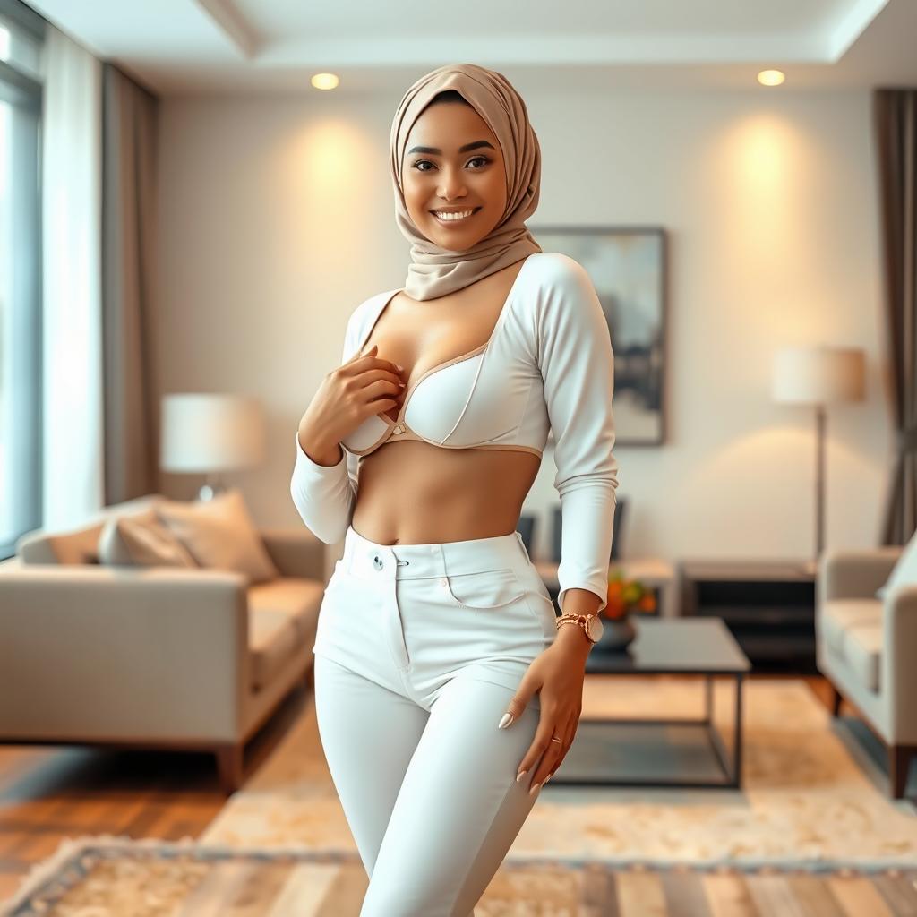 A stunning Malay woman standing elegantly in a living room