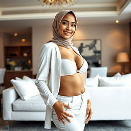 A stunning Malay woman standing elegantly in a living room