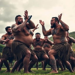 A powerful image depicting a group of strong Maori men performing the Haka, showcasing their muscular physiques and traditional tattoo designs known as Ta Moko