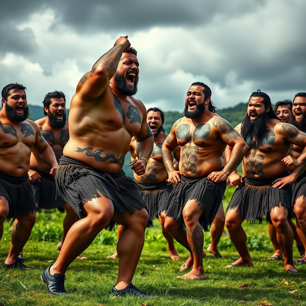 A powerful image depicting a group of strong Maori men performing the Haka, showcasing their muscular physiques and traditional tattoo designs known as Ta Moko