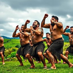 A powerful image depicting a group of strong Maori men performing the Haka, showcasing their muscular physiques and traditional tattoo designs known as Ta Moko