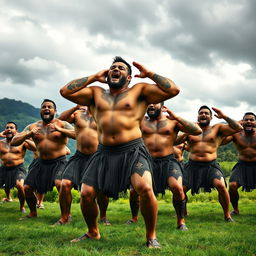 A powerful image depicting a group of strong Maori men performing the Haka, showcasing their muscular physiques and traditional tattoo designs known as Ta Moko