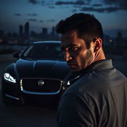 A dramatic scene depicting emotional manipulation in front of a sleek black Jaguar XF