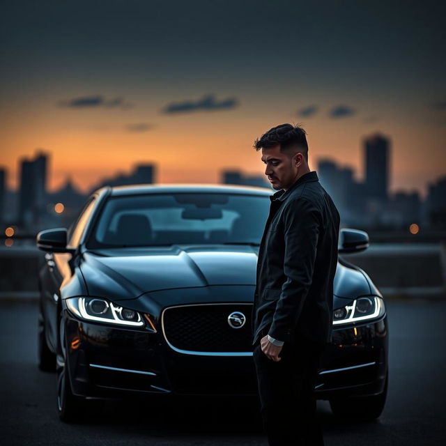 A dramatic scene depicting emotional manipulation in front of a sleek black Jaguar XF