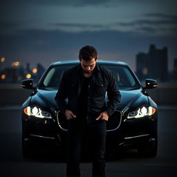A dramatic scene depicting emotional manipulation in front of a sleek black Jaguar XF