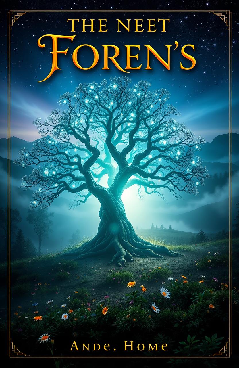 A visually striking book cover design featuring a mystical forest shrouded in fog